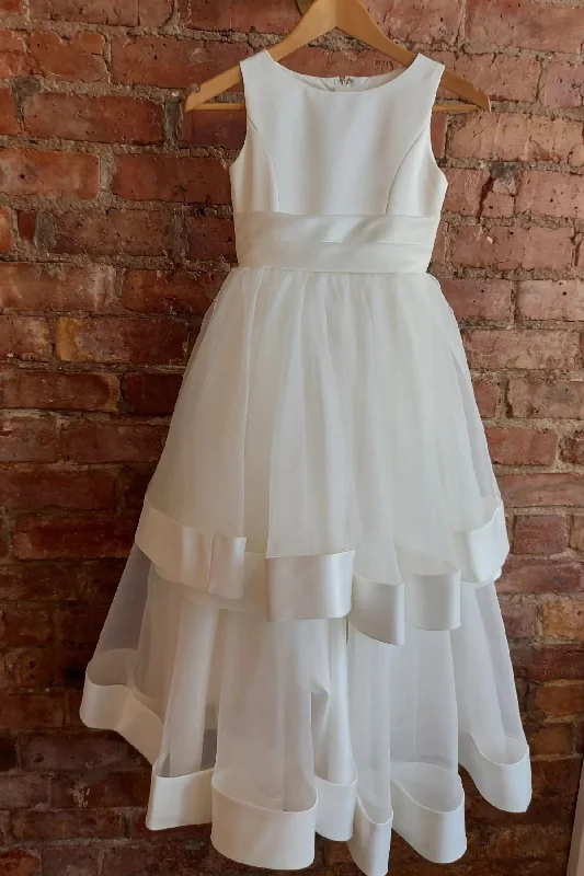 sleek midi dressWhite Jewel Sleeveless Multi-Layers Long Flower Girl Dress with Bow Sash