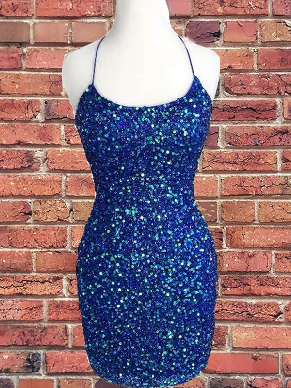Limited Availability Royal Blue Sequin Halter Sheath Homecoming Dress Backless Party Dress AN336 Limited Availability Royal Blue Sequin Halter Sheath Homecoming Dress Backless Party Dress AN336