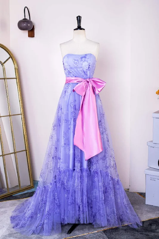 Final Clearance puff sleeve dressLavender Floral Strapless Ruffled Long Prom Dress with Bow Sash Final Clearance puff sleeve dressLavender Floral Strapless Ruffled Long Prom Dress with Bow Sash