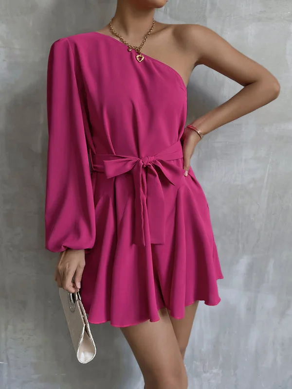 trendy bodycon dressWomen’s Fashionable Off The Shoulder Long Sleeved Mini Dress With Statement Ribbon Tie Bow