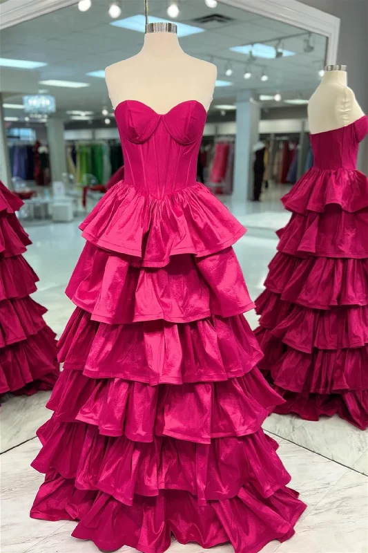 flowy maxi dressFuchsia Strapless Layers A-line Long Prom Dress