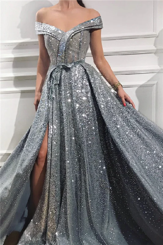 New Markdowns Charming Sequins Off-the-Shoulder Sleeveless Sweetheart Front Slit Shinny Long Prom Dress New Markdowns Charming Sequins Off-the-Shoulder Sleeveless Sweetheart Front Slit Shinny Long Prom Dress