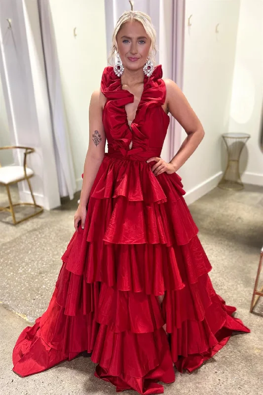 Loyalty Reward sophisticated dressRed Ruffled Plunging V Neck Layers Long Prom Dress with Slit Loyalty Reward sophisticated dressRed Ruffled Plunging V Neck Layers Long Prom Dress with Slit