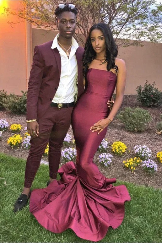 Can't Miss Strapless Burgundy Mermaid Prom Dresses with Ruffled Train