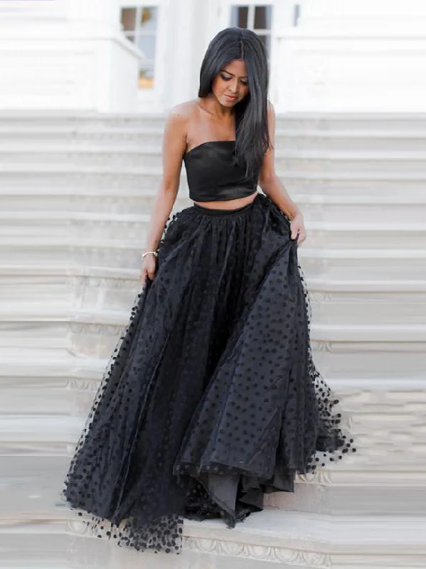 The Best Prices Two Piece Prom Dresses Strapless Aline Floor-length Long Black Lace Prom Dress JKL1343