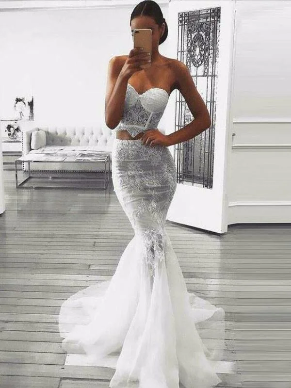 Clearance Sale Two Piece Prom Dresses Sweetheart Sweep Lace Train Prom Dress JW125