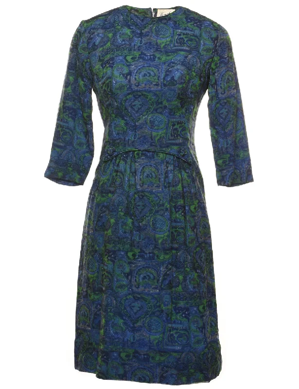 Now or Never Blue & Green 1960s Midi Dress - S