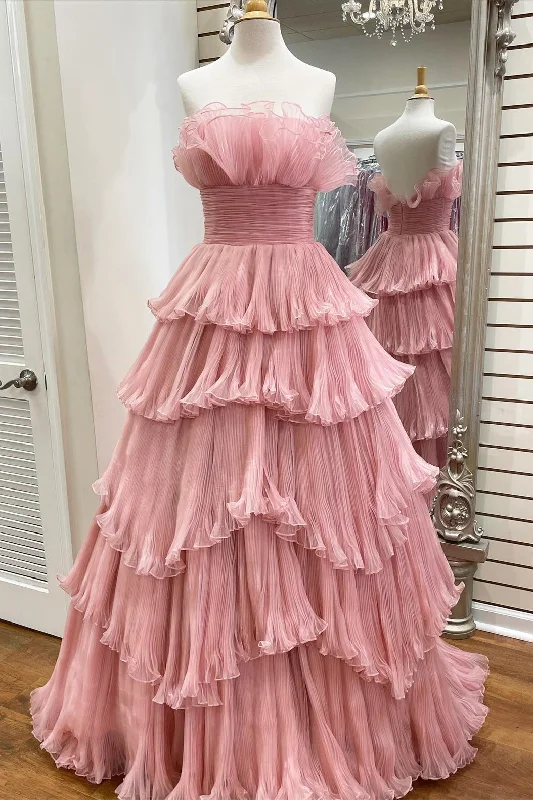 Discount Days pleated maxi dressCandy Pink Tulle A-line Strapless Ruffles layers Long Prom Dress Discount Days pleated maxi dressCandy Pink Tulle A-line Strapless Ruffles layers Long Prom Dress