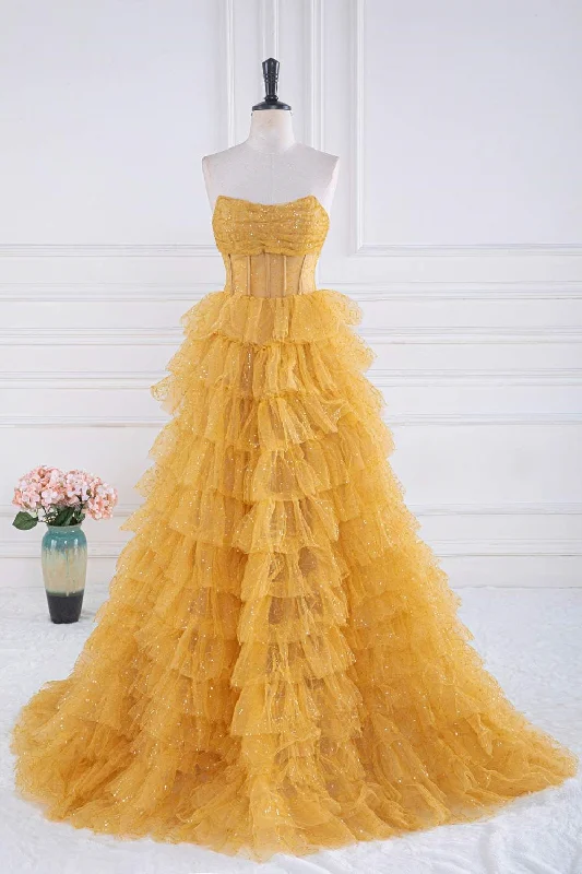 off-the-shoulder dressSparkly Yellow Strapless Layers A-line Long Prom Dress