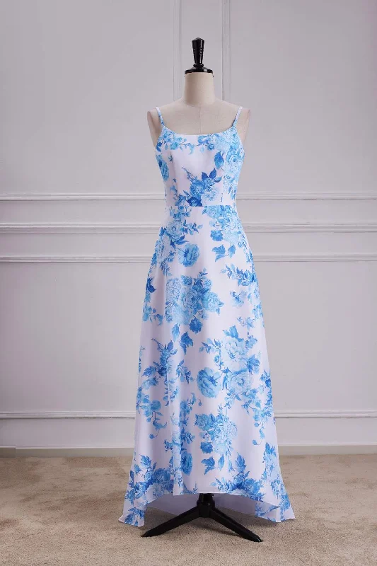 sleek dressBlue Floral Spaghetti Straps A-line Long Bridesmaid Dress