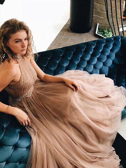 Hurry In High Neck Prom Dresses A-line Long Tulle Brown Prom Dress Sexy Evening Dress JKL1375 Hurry In High Neck Prom Dresses A-line Long Tulle Brown Prom Dress Sexy Evening Dress JKL1375