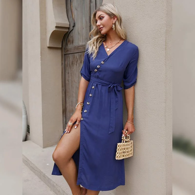 knit dressSummer Blue Mid-Length Slimming Belly Dress