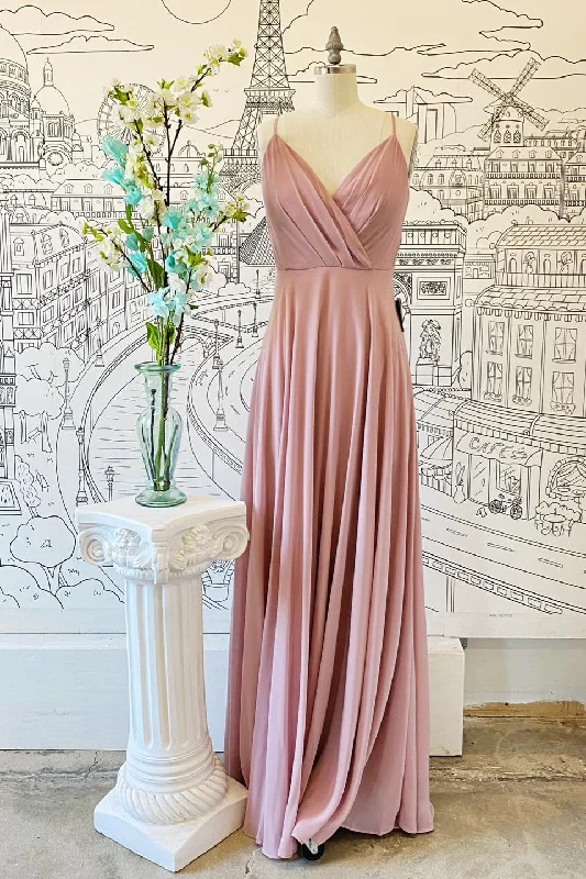 structured dressPink V Neck Spaghetti Straps Pleated Chiffon Long Bridesmaid Dress