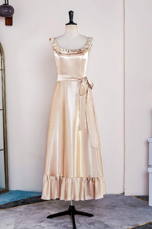 sophisticated dressChampagne Sleeveless Ruffled A-line Tea-Length Bridesmaid Dress with Sash