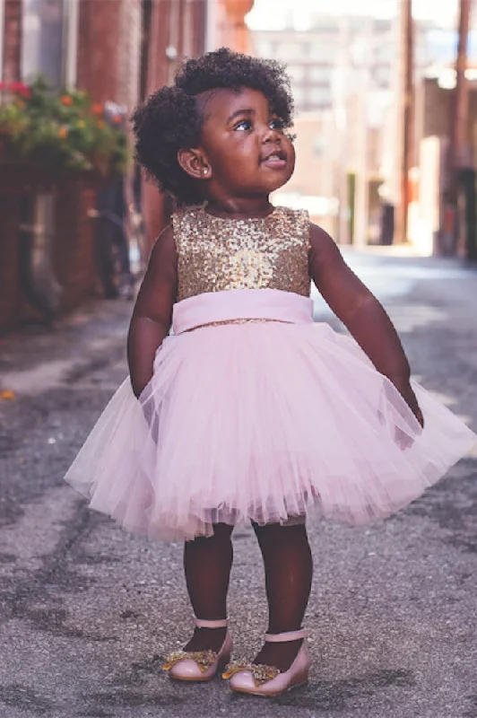 comfy dressCute Toddler Ball Gown Gold Sequins Pink Flower Girl Dress