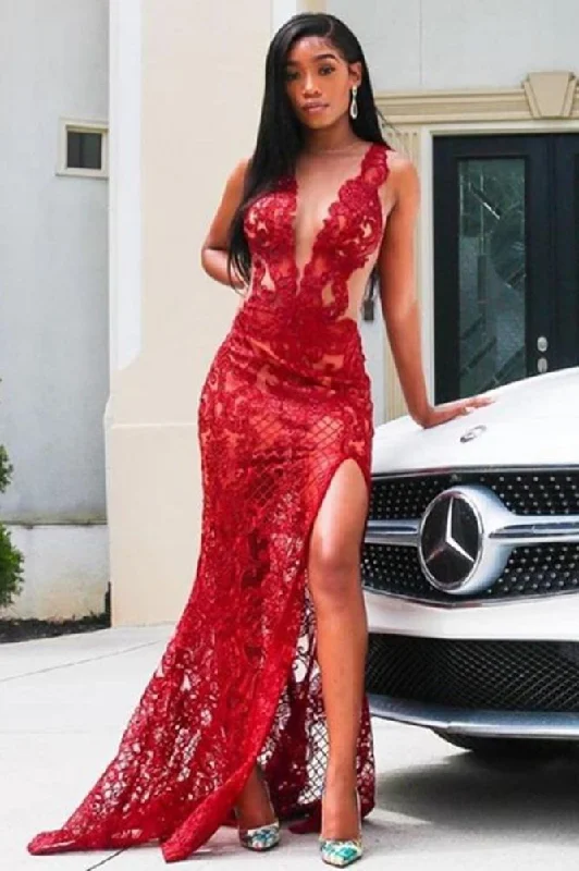 Midnight Sale Deep V-Neck Red Prom Party GownsFloral Lace Appliques Split Front Party Dress Midnight Sale Deep V-Neck Red Prom Party GownsFloral Lace Appliques Split Front Party Dress