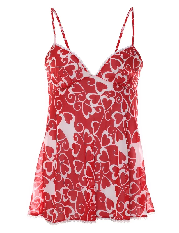 Online Exclusive Red & White Heart Design Lace Trim Babydoll - S