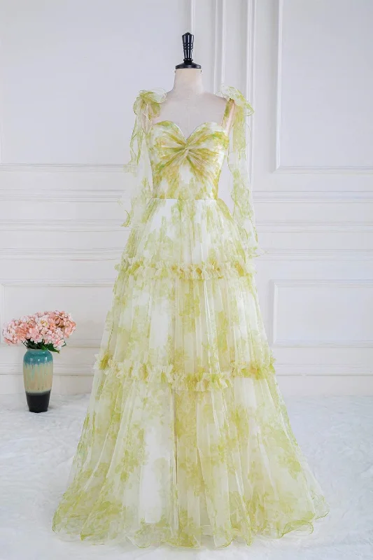 pleated maxi dressLight Yellow Floral Bow Tie Straps Ruffled A-line Long Prom Dress