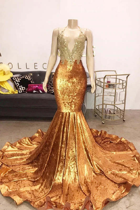 Steals and Deals V-neck Halter Beading Sequins Court Train Mermaid Prom Dresses