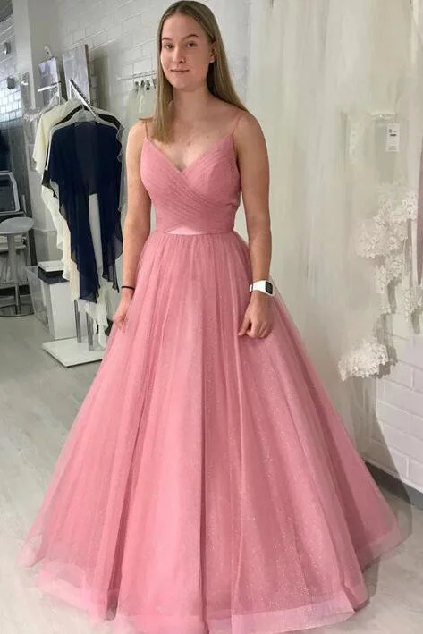 Mega Deal formal dressSimple Straps A-Line Pink Long Prom Dress with Backless