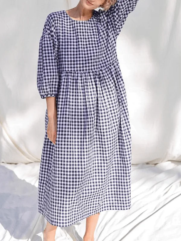 playful dressWomen Plaid Print Pleated round Neck Casual Half Sleeve Midi Dresses