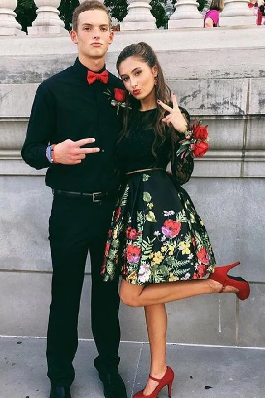 Weekend Special Two Pieces Lace Black Printed Satin Long Sleeves Homecoming Dresses Prom Dress With Pocket AN1303 Weekend Special Two Pieces Lace Black Printed Satin Long Sleeves Homecoming Dresses Prom Dress With Pocket AN1303