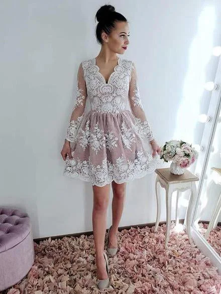 Price Drop V neck Long Sleeve Lace Homecoming Dress Short Prom Dresses ANN146