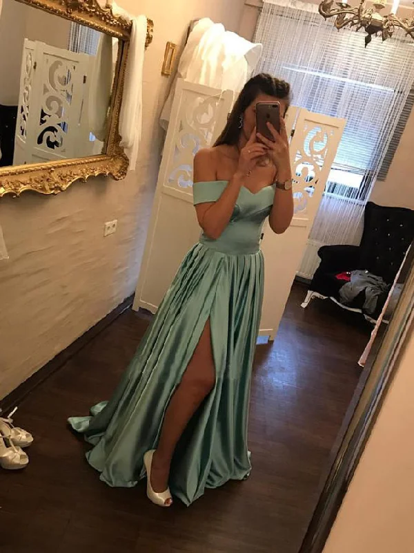 Buy Now Simple Prom Dresses Off-the-shoulder Satin A-line Long Slit Prom Dress JKL759 Buy Now Simple Prom Dresses Off-the-shoulder Satin A-line Long Slit Prom Dress JKL759