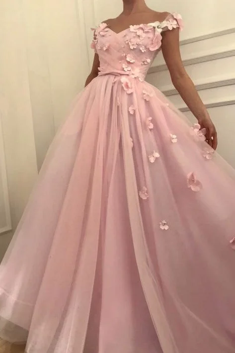 Quick Sale Pink Flowers A-Line Tulle Long Prom Party Gowns| Elegant Off-the-Shoulder Evening Gowns Quick Sale Pink Flowers A-Line Tulle Long Prom Party Gowns| Elegant Off-the-Shoulder Evening Gowns