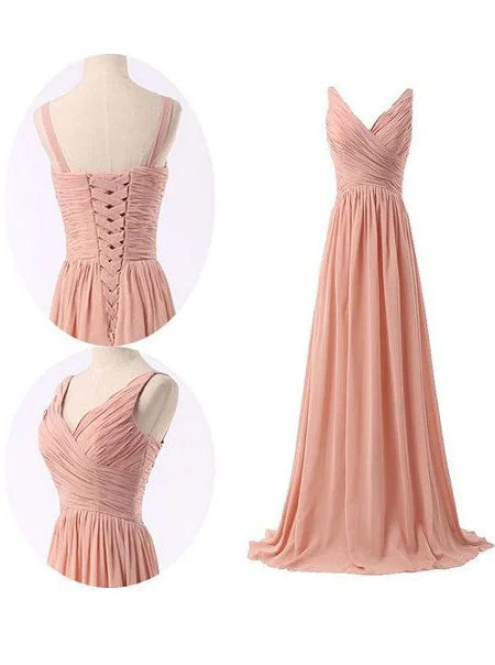 form-fitting dressSimple Ruched Blush Pink Long Chiffon Bridesmaid Dress