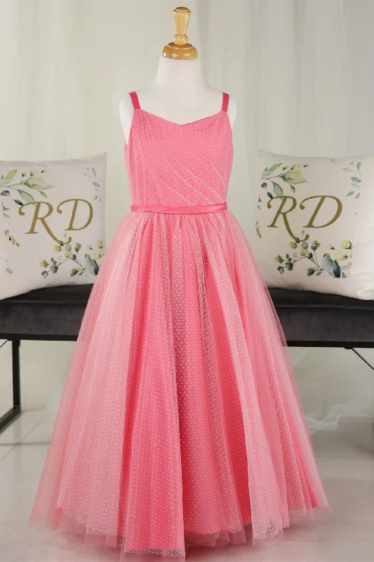 satin dressHot Pink Straps Dot Pleated Tulle Long Flower Girl Dress