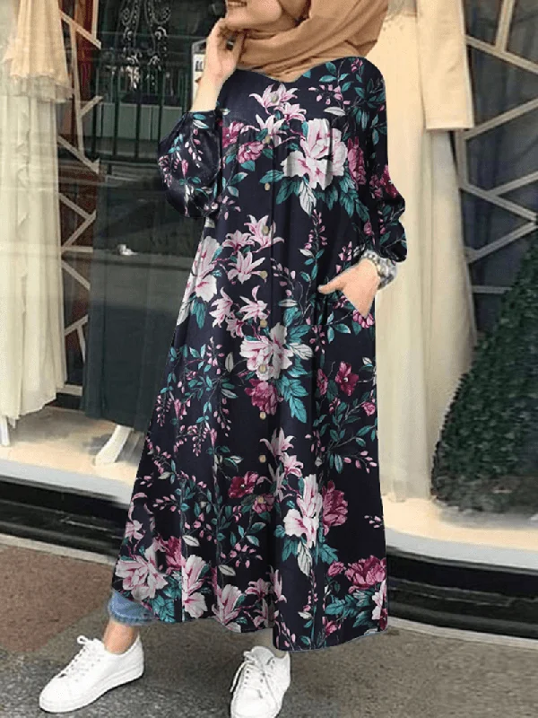 floral midi dressWomen 100% Cotton Floral Print Mid-Calf Length Kaftan Maxi Dresses with Side Pocket