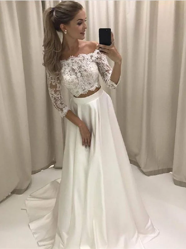 Midnight Madness Two Piece Prom Dresses Off-the-shoulder A line 3/4-Length Sleeve Ivory Long Prom Dress JKS292 Midnight Madness Two Piece Prom Dresses Off-the-shoulder A line 3/4-Length Sleeve Ivory Long Prom Dress JKS292