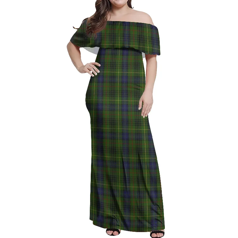 Extra Savings Stewart Hunting Tartan Off Shoulder Long Dress