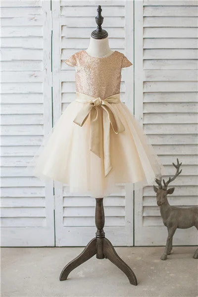 summer dressSparkly Gold Sequins Flower Girl Dress with Sash