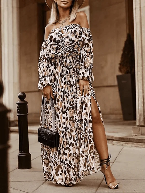 fitted bodycon dressWomen Leopard off Shoulder Thigh Split Casual Long Sleeve Maxi Dresses