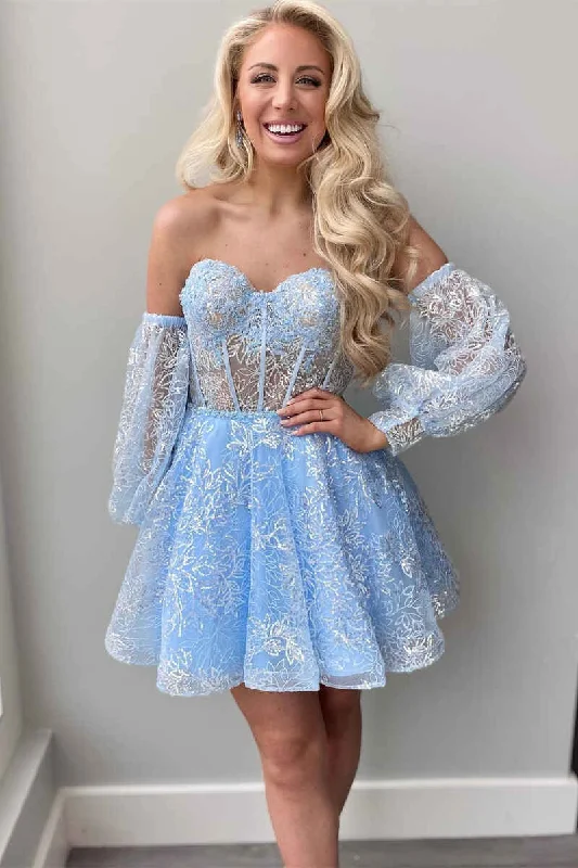 minimalistic dressBlue Lace Bustier A-Line Short Homecoming Dress with Detachable Sleeve