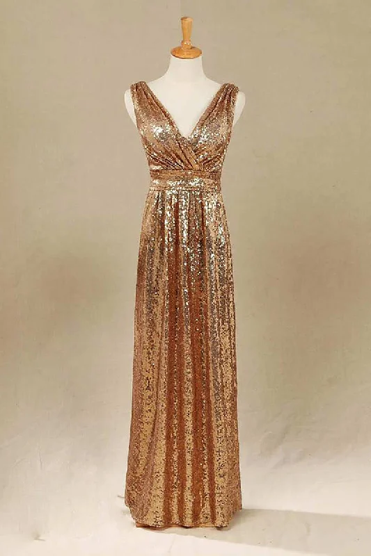 Big Savings sophisticated dressGold Sequin V-Neck Long Bridesmaid Dress