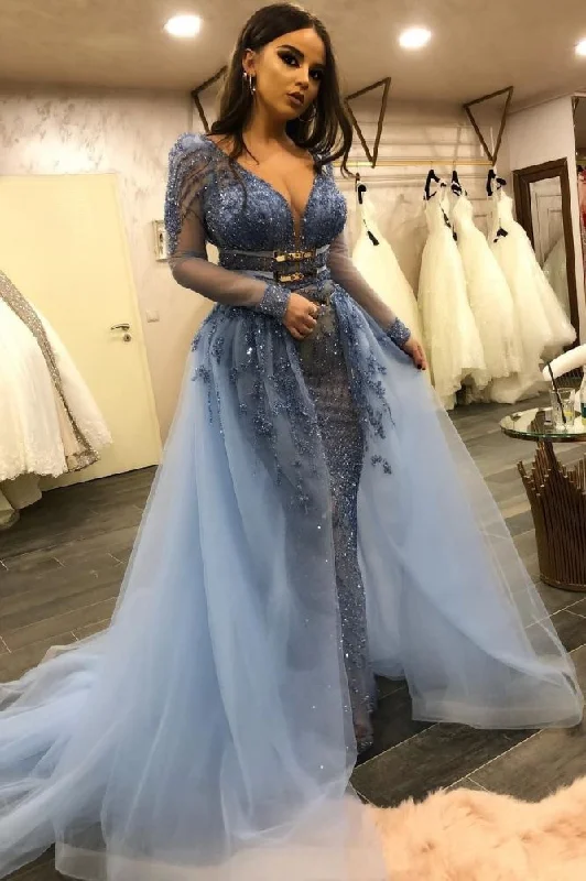 Deal Mania Gorgeous Long Sleevess V-Neck Lace Beaded Mermaid Prom Dresses with Over Skirt Deal Mania Gorgeous Long Sleevess V-Neck Lace Beaded Mermaid Prom Dresses with Over Skirt
