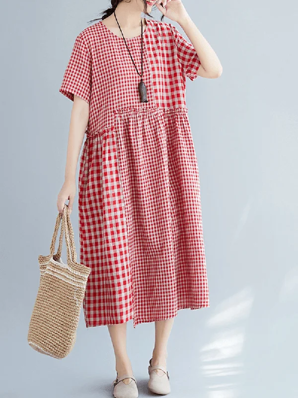 fitted dressVintage Cotton Linen Plaid Loose Dress