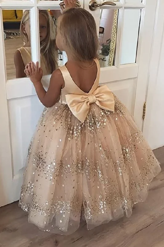 modern dressBall Gown Champagne Sequins Bow Flower Girl Dress