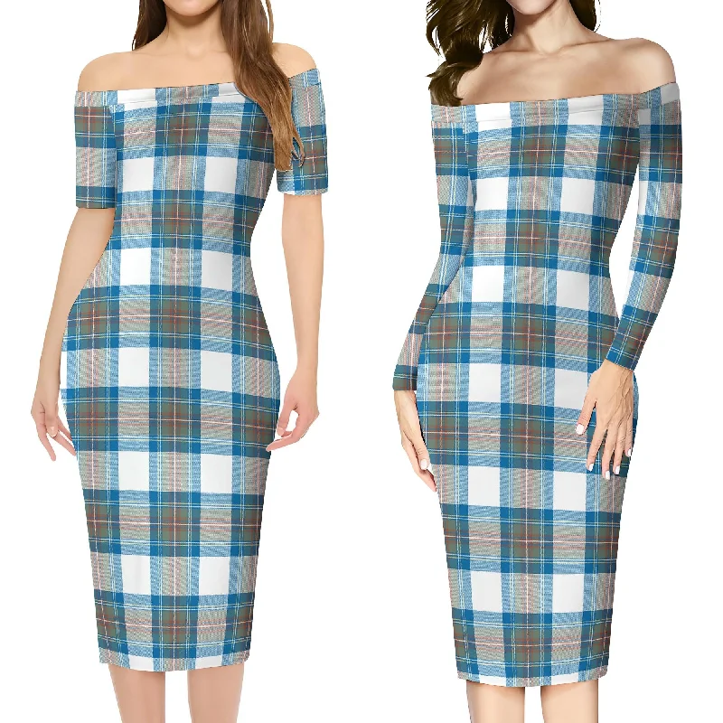 Instant Savings Stewart Muted Blue Tartan Off Shoulder Lady Dress