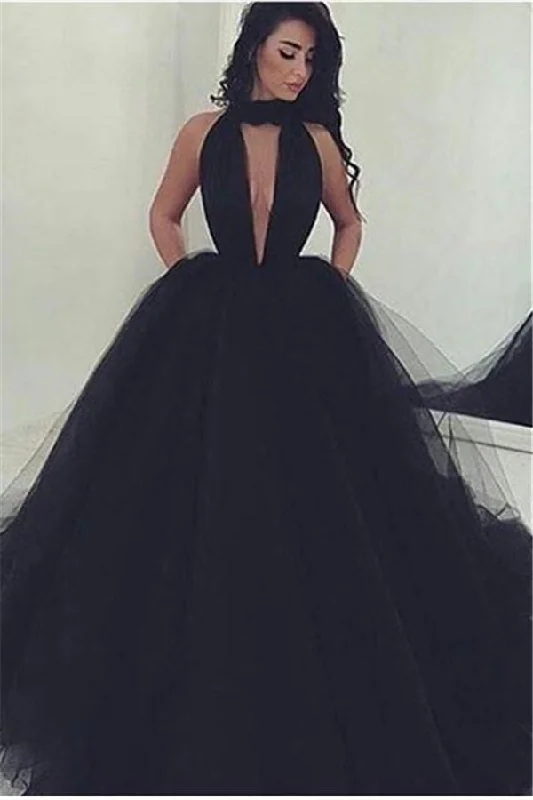 Crazy Deals Amazing Black V-Neck Tulle Ball-Gown Prom Party Gowns