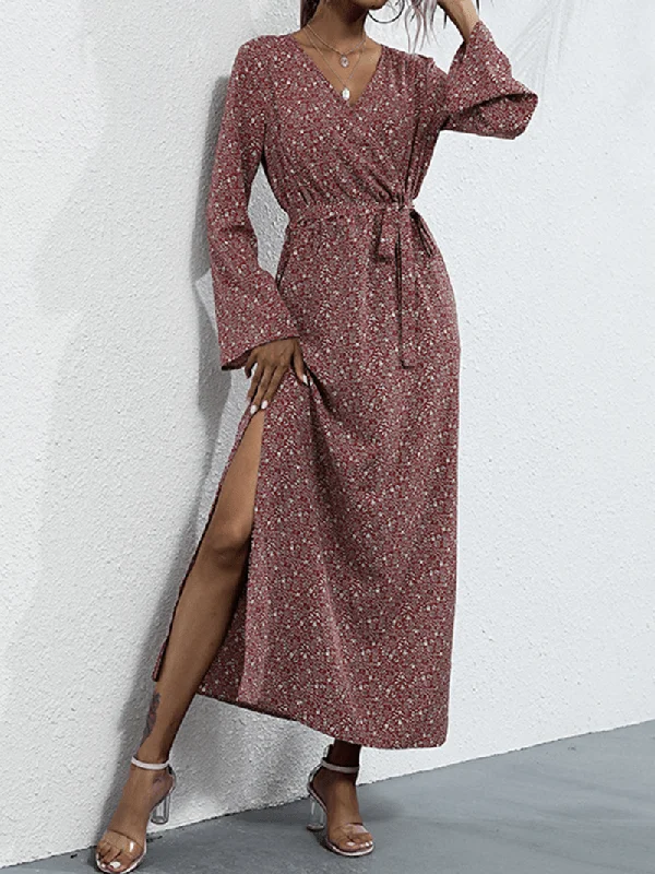 elegant maxi dressWomen Ethnic Style Print Long Sleeve Side Split Casual Maxi Dresses