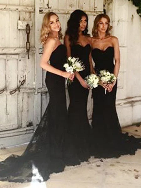 satin midi dressElegant Strapless Black Mermaid Long Bridesmaid Dress