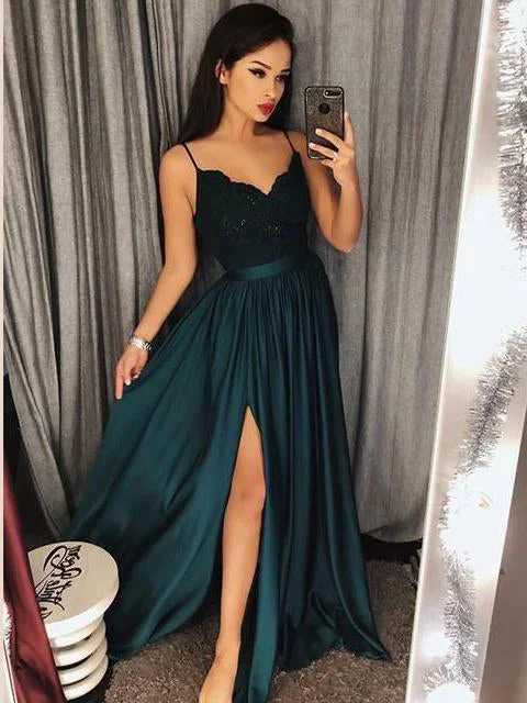 Price Slash Cheap Prom Dresses Spaghetti Straps Aline Chic Long Simple Dark Green Slit Prom Dress JKL1316 Price Slash Cheap Prom Dresses Spaghetti Straps Aline Chic Long Simple Dark Green Slit Prom Dress JKL1316