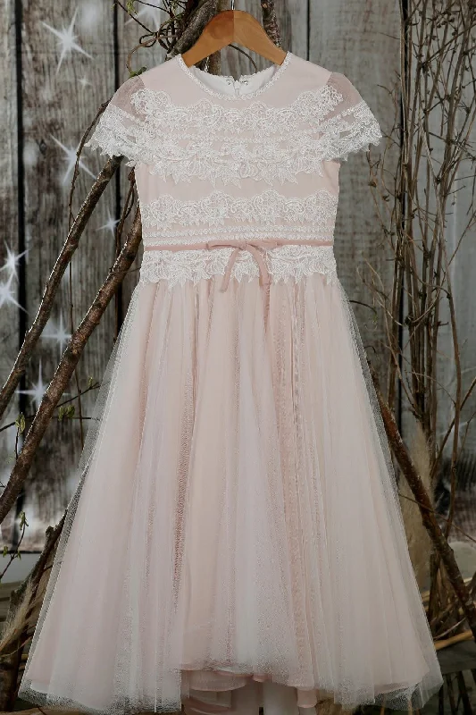 oversized dressBlush Pink Jewel Sleeves Appliques Long Flower Girl Dress with Sash