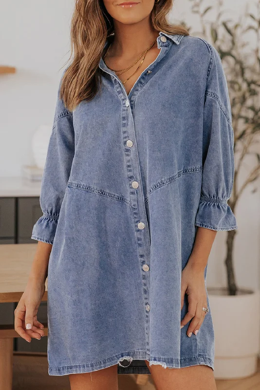 flowy evening dressCollared Neck Flounce Sleeve Denim Mini Dress