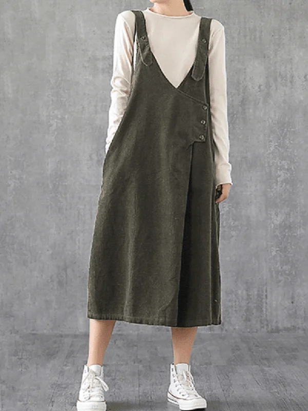 statement dressWomen Corduroy Adjustable Shoulder Strap V-Neck Solid Side Pocket Casual Midi Dress