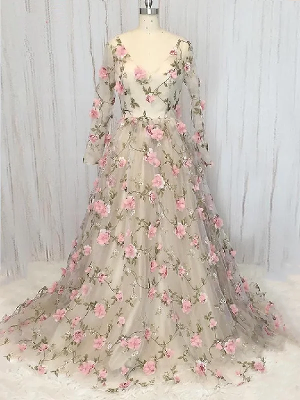 Exclusive Preview Long Sleeve Prom Dresses V-neck A-line Floral Lace Prom Dress Long Evening Dress JKL1314 Exclusive Preview Long Sleeve Prom Dresses V-neck A-line Floral Lace Prom Dress Long Evening Dress JKL1314